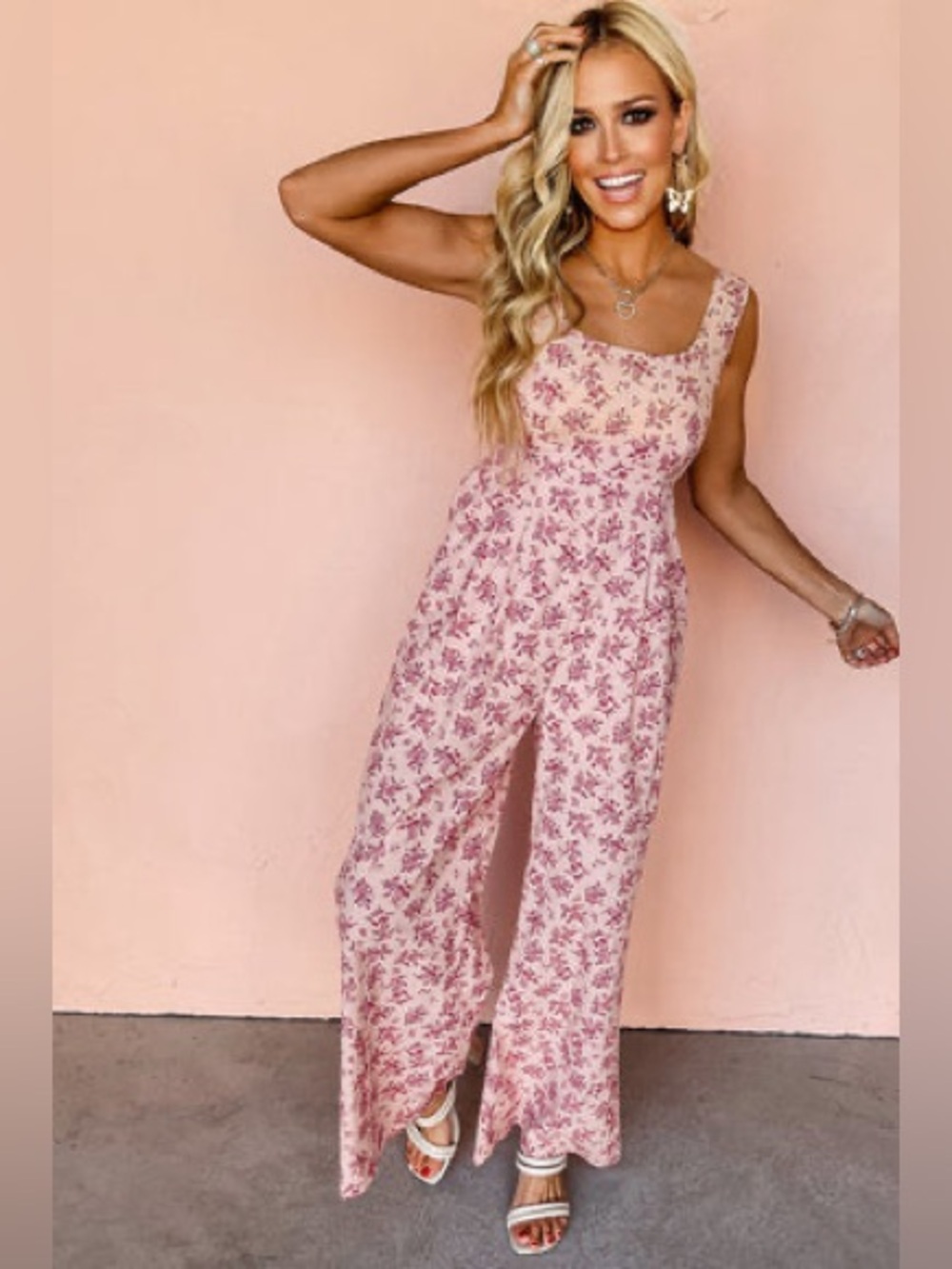 Stories Floral Pink Sleeveless Wide-Leg Jumpsuit